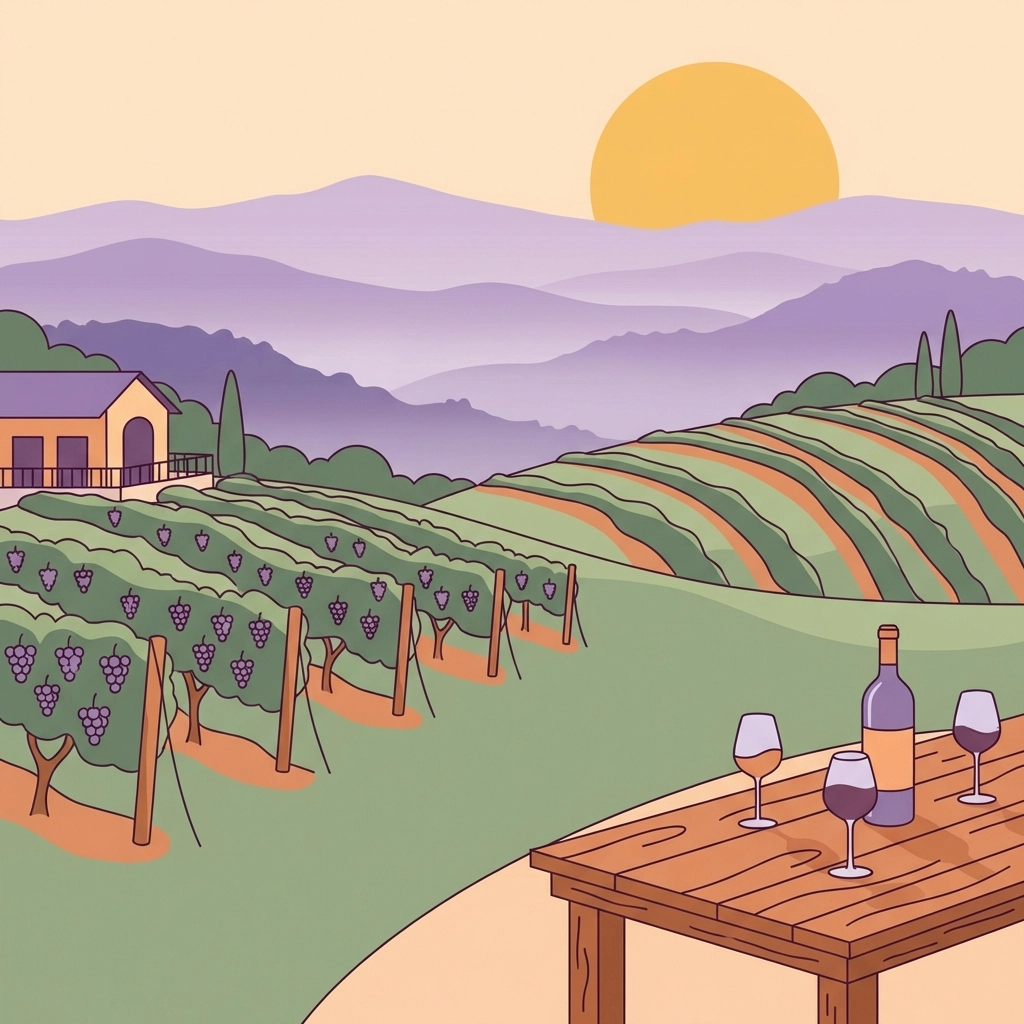 Golden hour view of Virginia vineyard hills and Blue Ridge Mountains from a winery terrace, perfect for wine tours