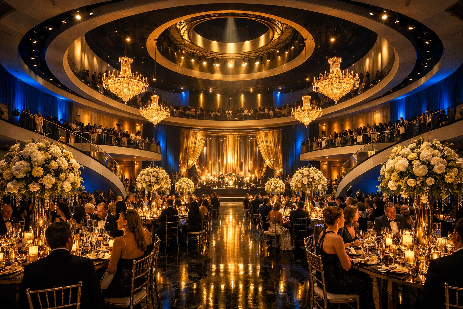 A grand wide-angle shot of a Miami gala event showing professional lighting and elegant architectural scale.