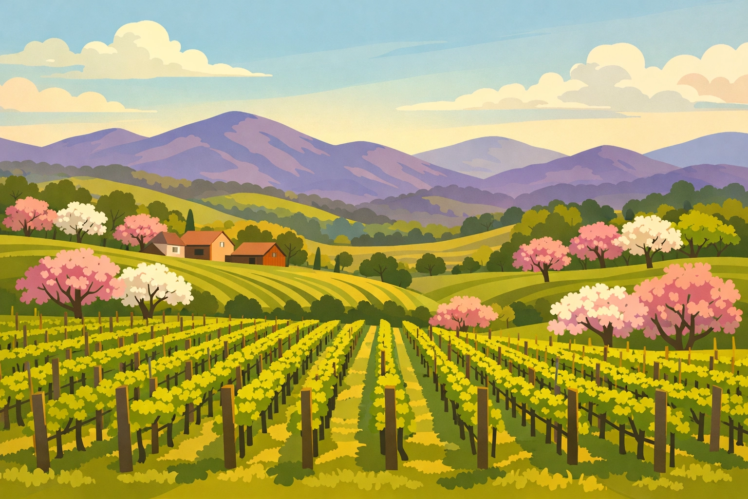 Spring vineyard landscape with Blue Ridge Mountains in Loudoun wine country