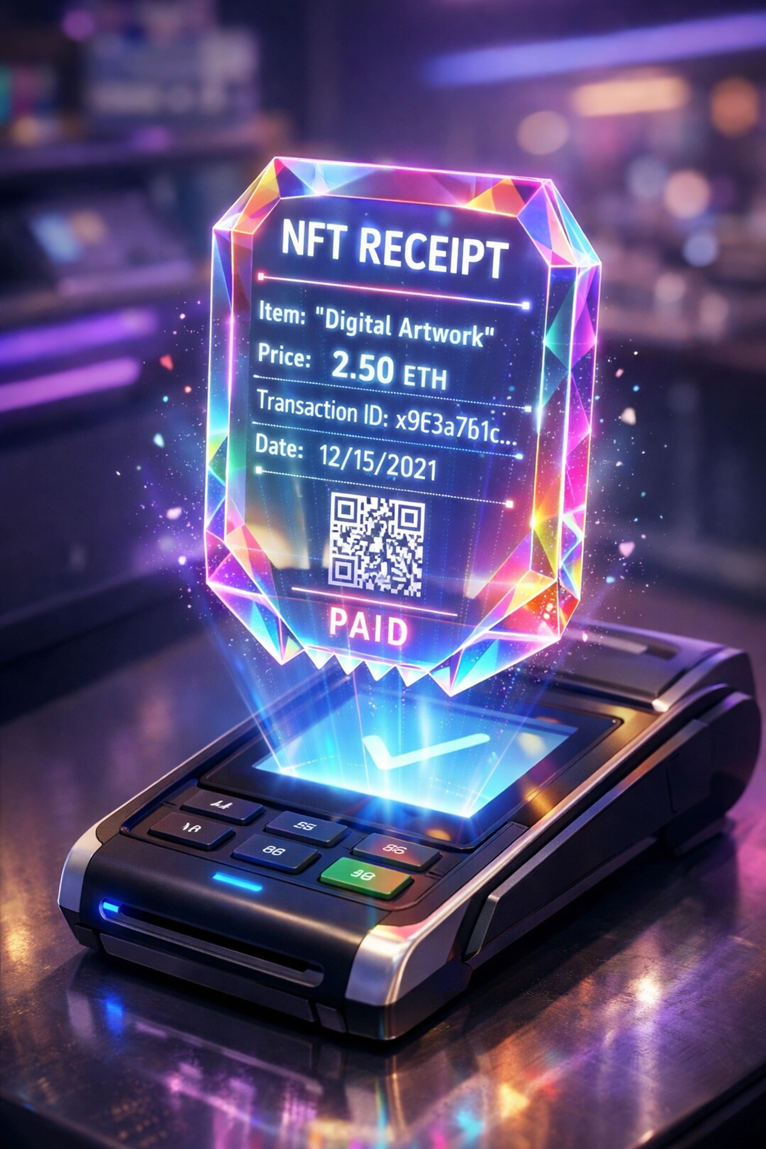 NFT receipt generated from blockchain transaction for merchant payment verification
