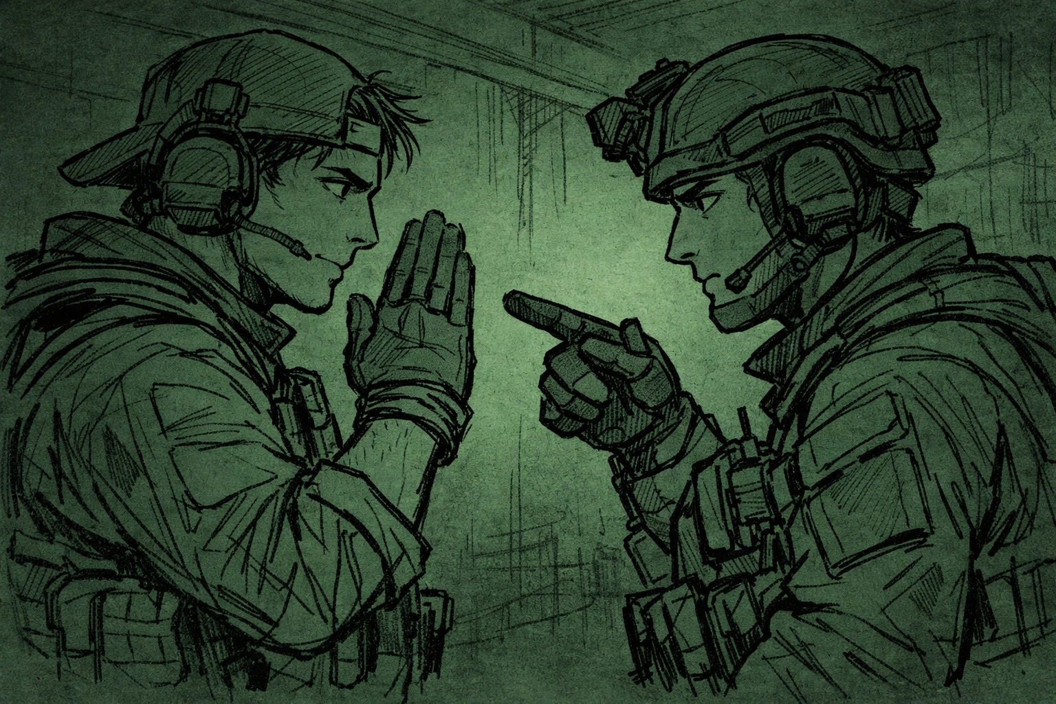 Special ops soldiers communicating through hand signals - non-verbal intimacy in MM romance