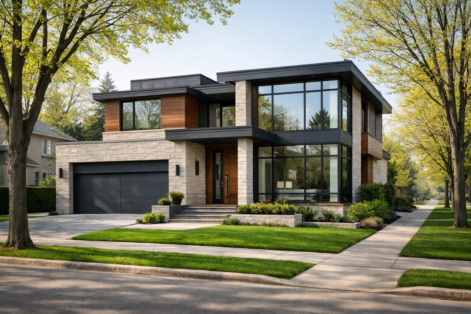 Modern detached luxury home on a quiet residential street in North York, Ontario.