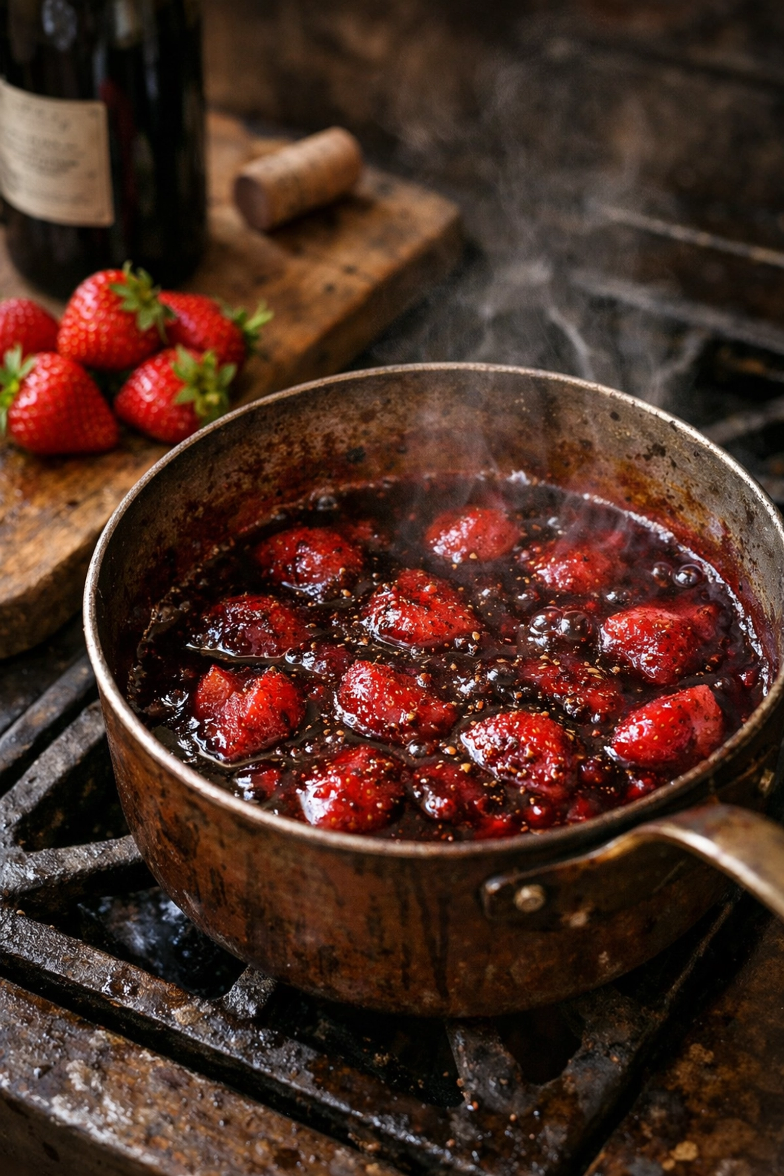 Savory strawberry wine reduction simmering in a vintage pan for professional southern catering services.