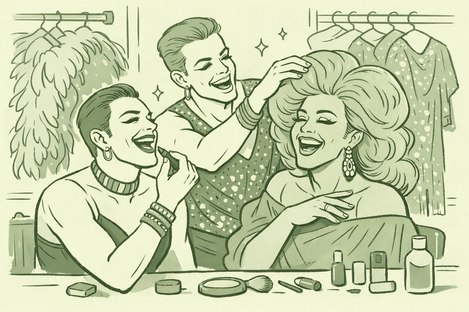 Three drag queens laughing together backstage demonstrating mentorship and LGBTQ+ community bonds