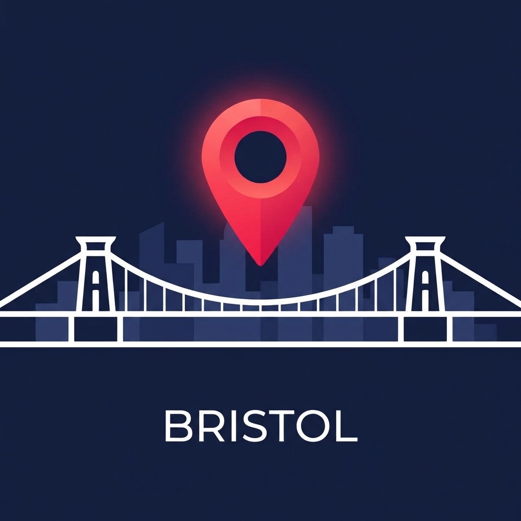Digital illustration of the Bristol Clifton Suspension Bridge with a location pin for local search visibility.