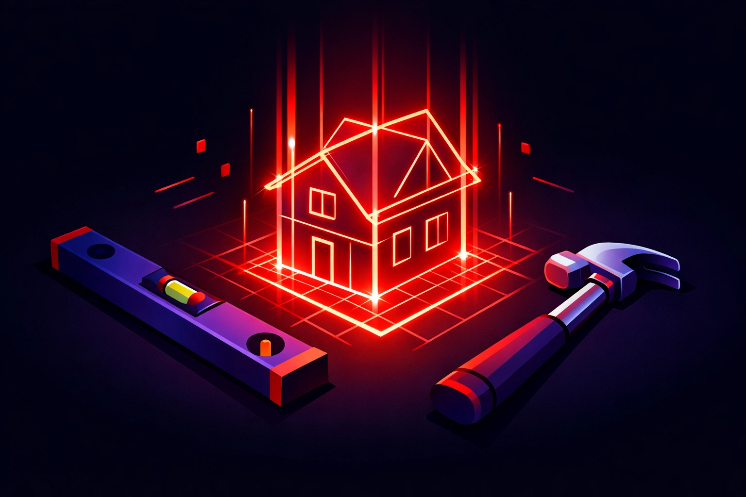 Digital house blueprint and trade tools representing professional website construction costs for UK tradespeople.