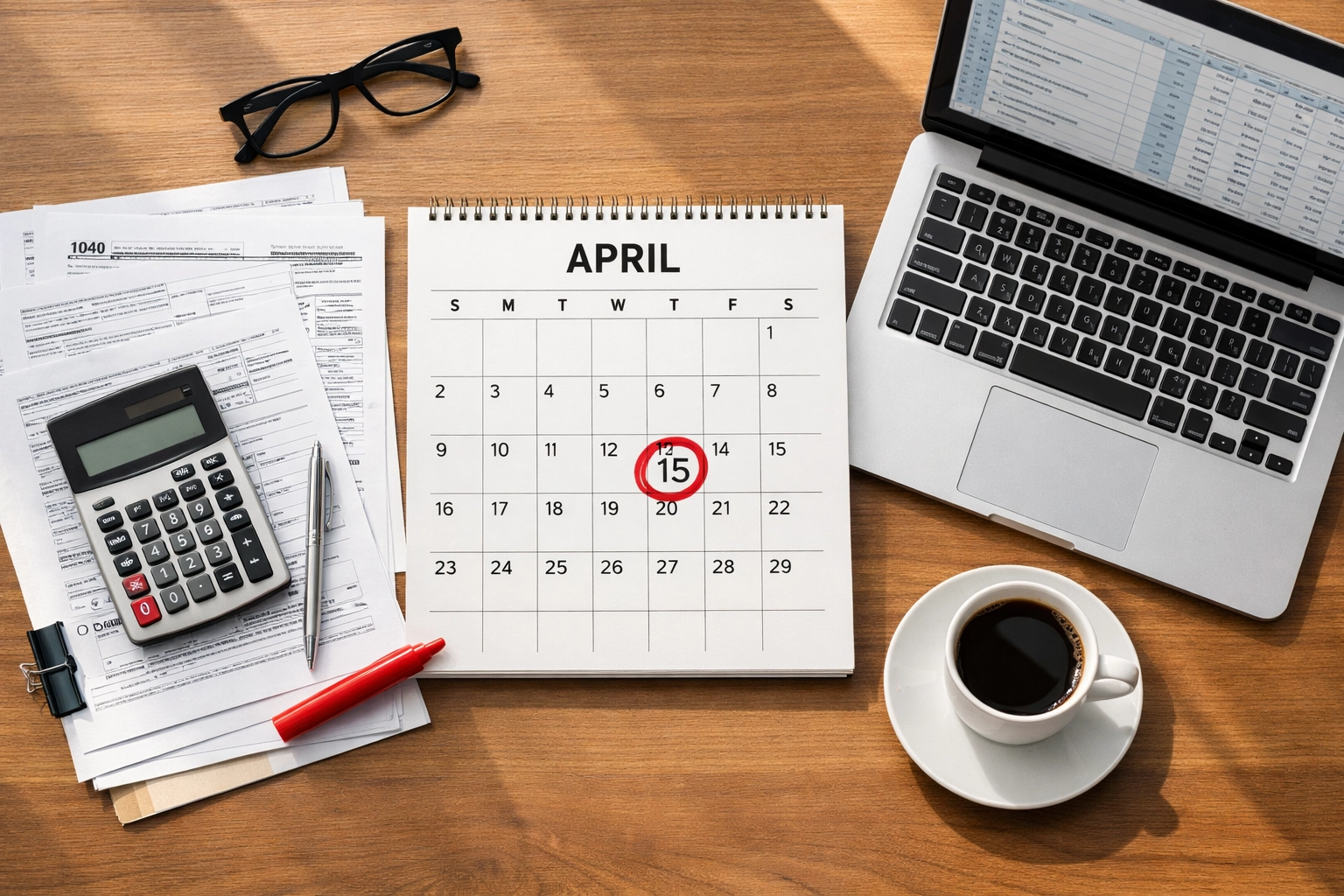 Tax filing deadline calendar showing April 15, 2026 circled with organized tax documents on desk