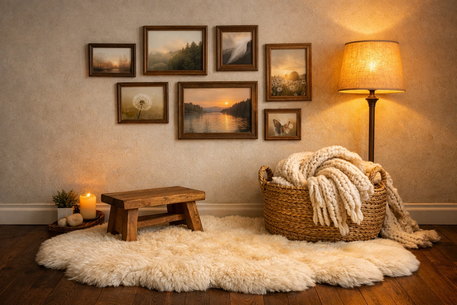 Inviting care corner with a sheepskin rug, woven basket, and artisan home decor accessories.