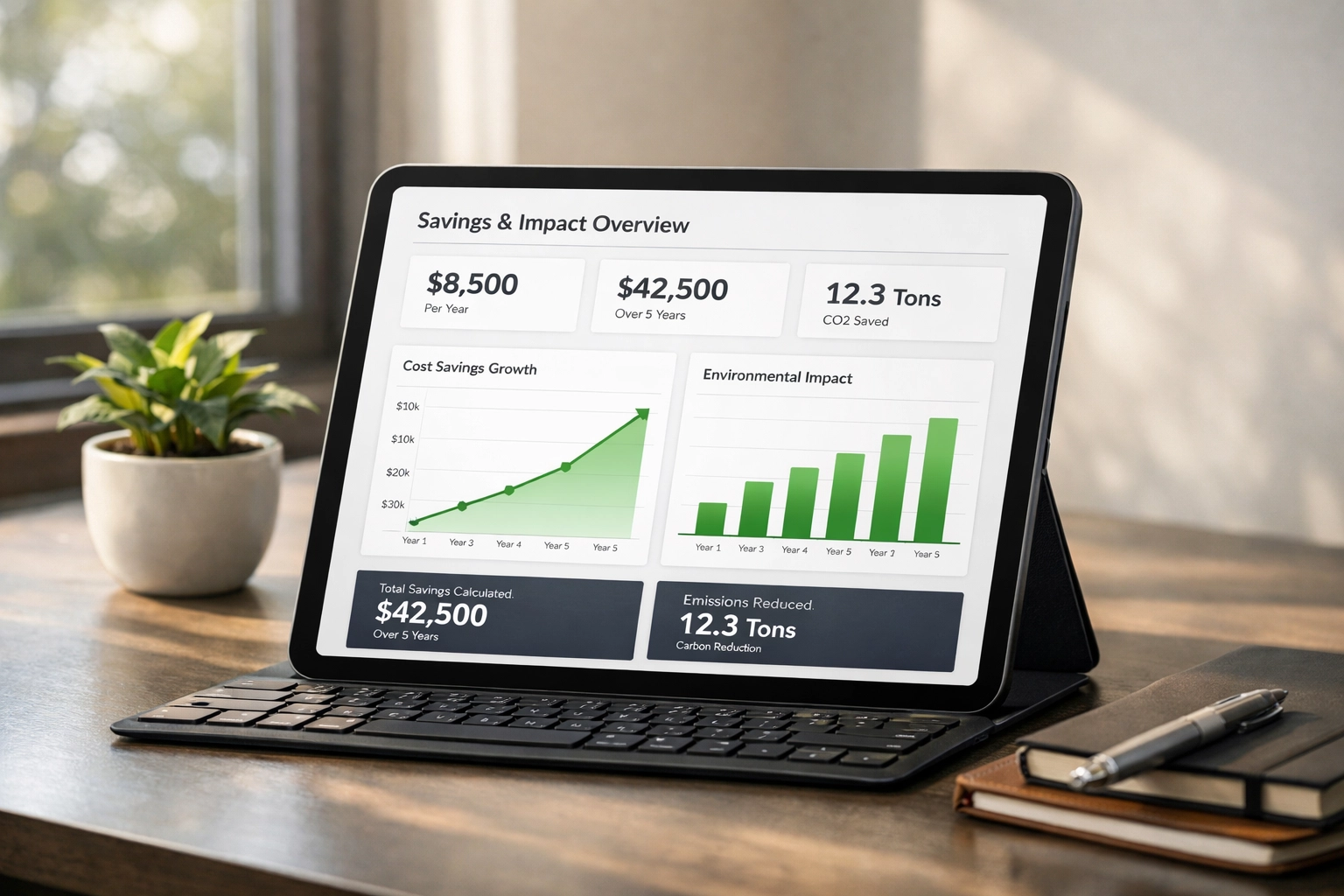 Financial dashboard displaying merchant savings and social impact metrics from reduced payment fees