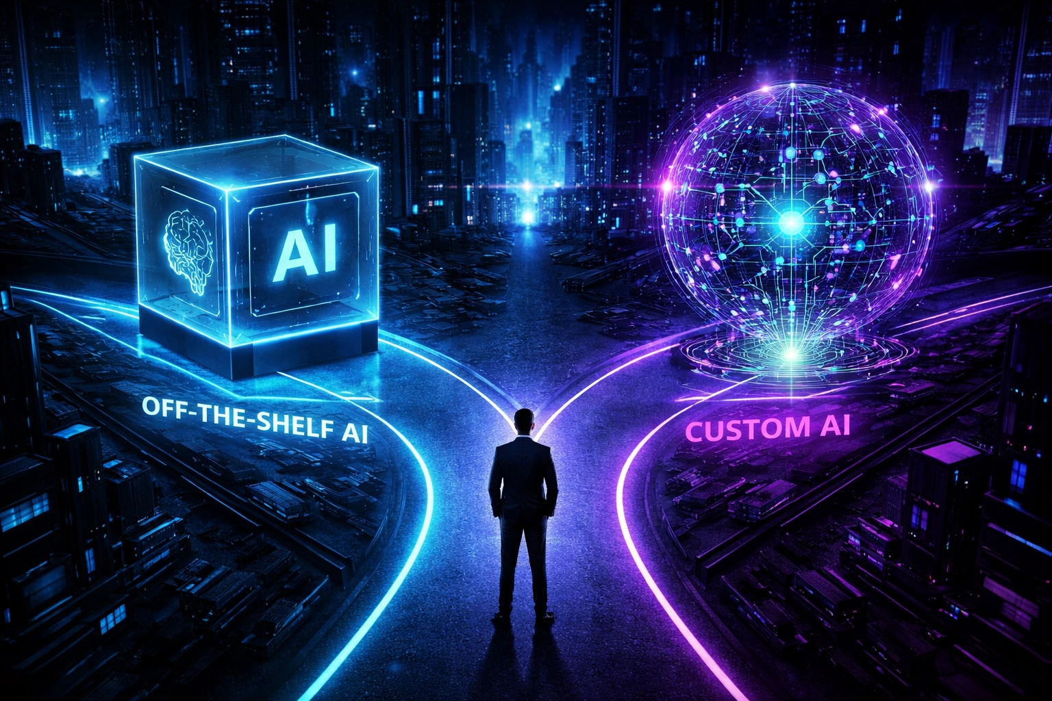 Business leader deciding between off-the-shelf AI and custom AI solutions at a glowing crossroads