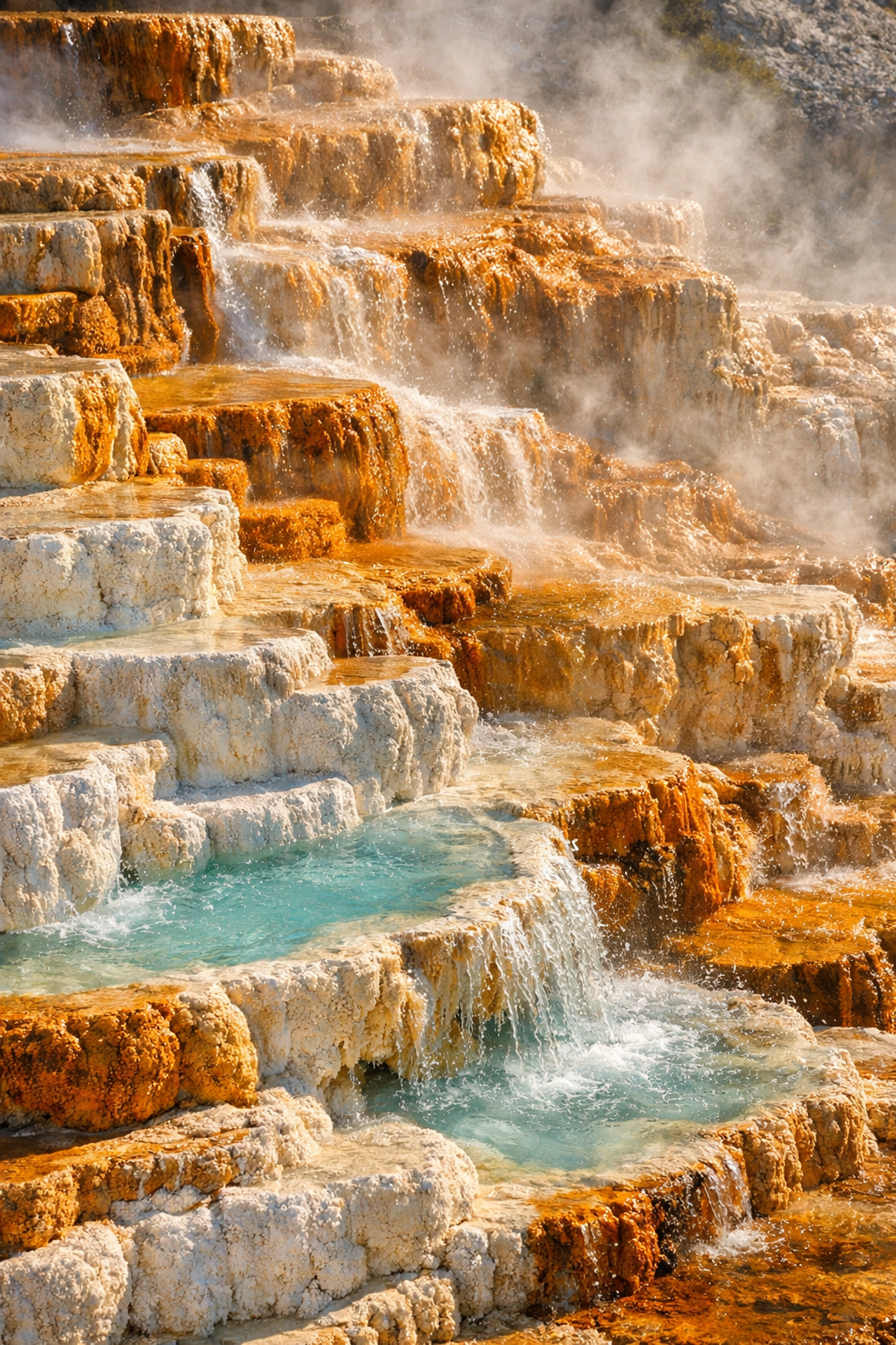 Mammoth Hot Springs colorful travertine terraces with thermal water at Yellowstone