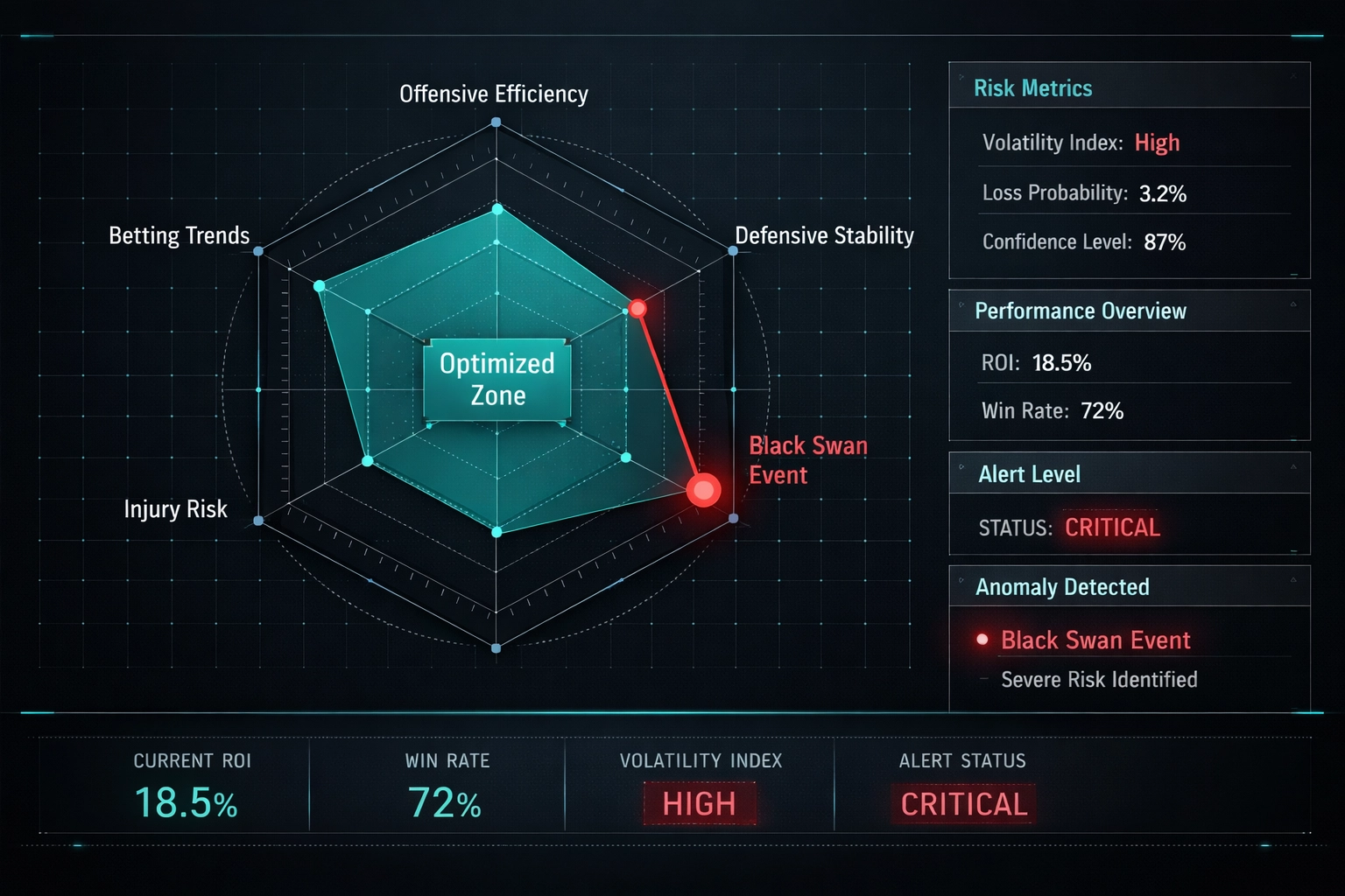 Risk management radar chart identifying anomalies and black swan events in sports betting models.