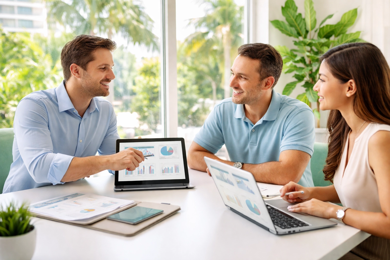 Business advisory team meeting in a South Florida office, collaborating on financial reports for small businesses.