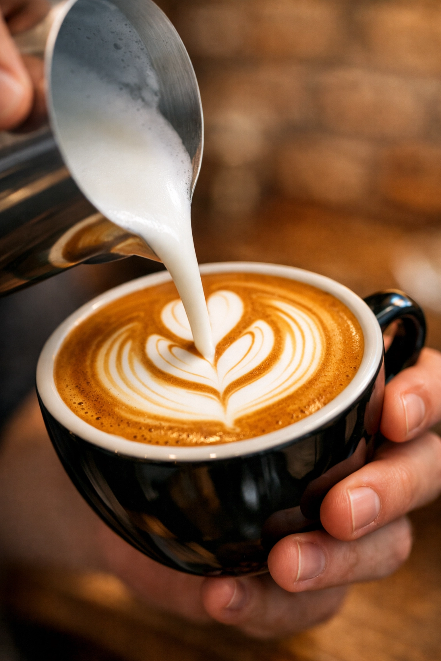 Barista pouring silky microfoam for latte art into a cup of specialty espresso with rich golden crema.