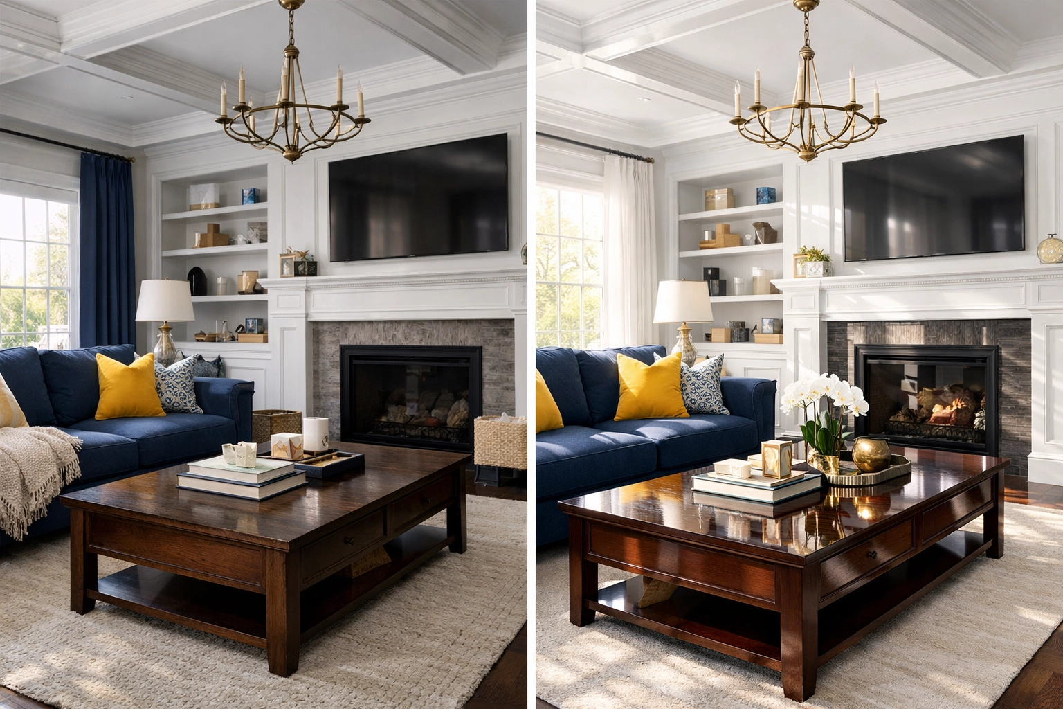 Professional deep cleaning MA comparison showing a sparkling clean luxury living room in Massachusetts.