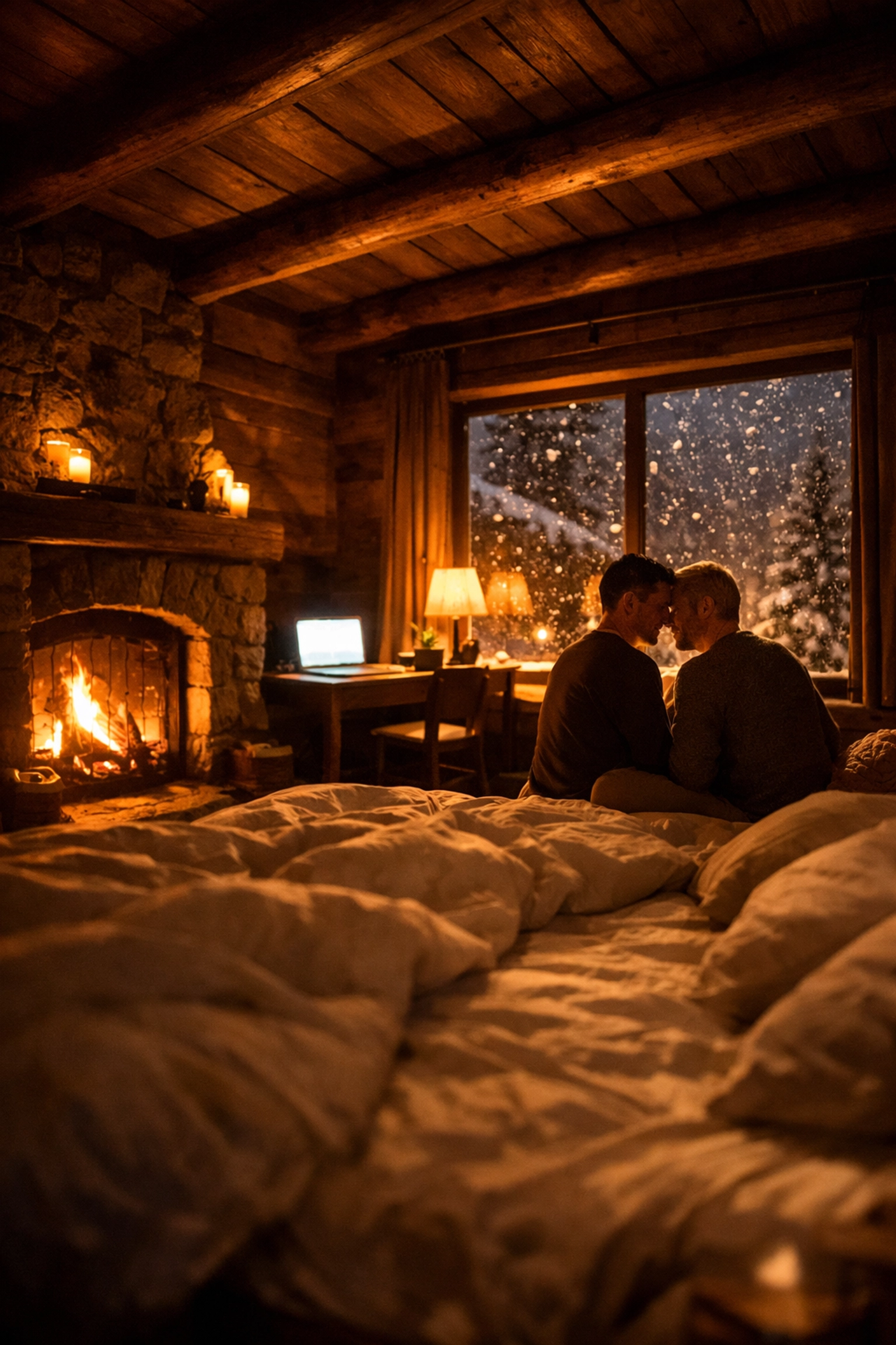 Cozy mountain lodge bedroom with fireplace - forced proximity MM romance setting