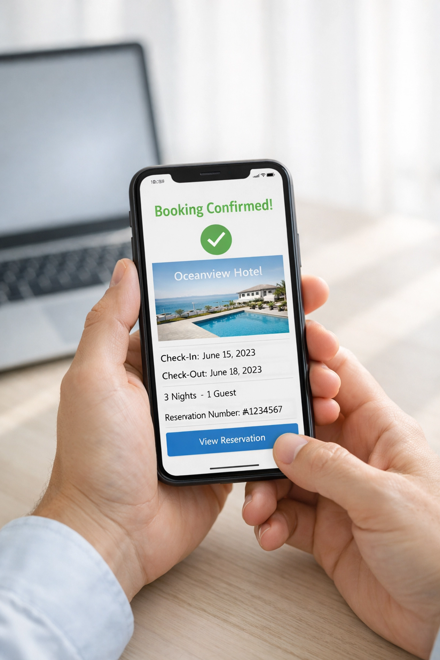 Mobile hotel booking confirmation displayed on smartphone showing automation features