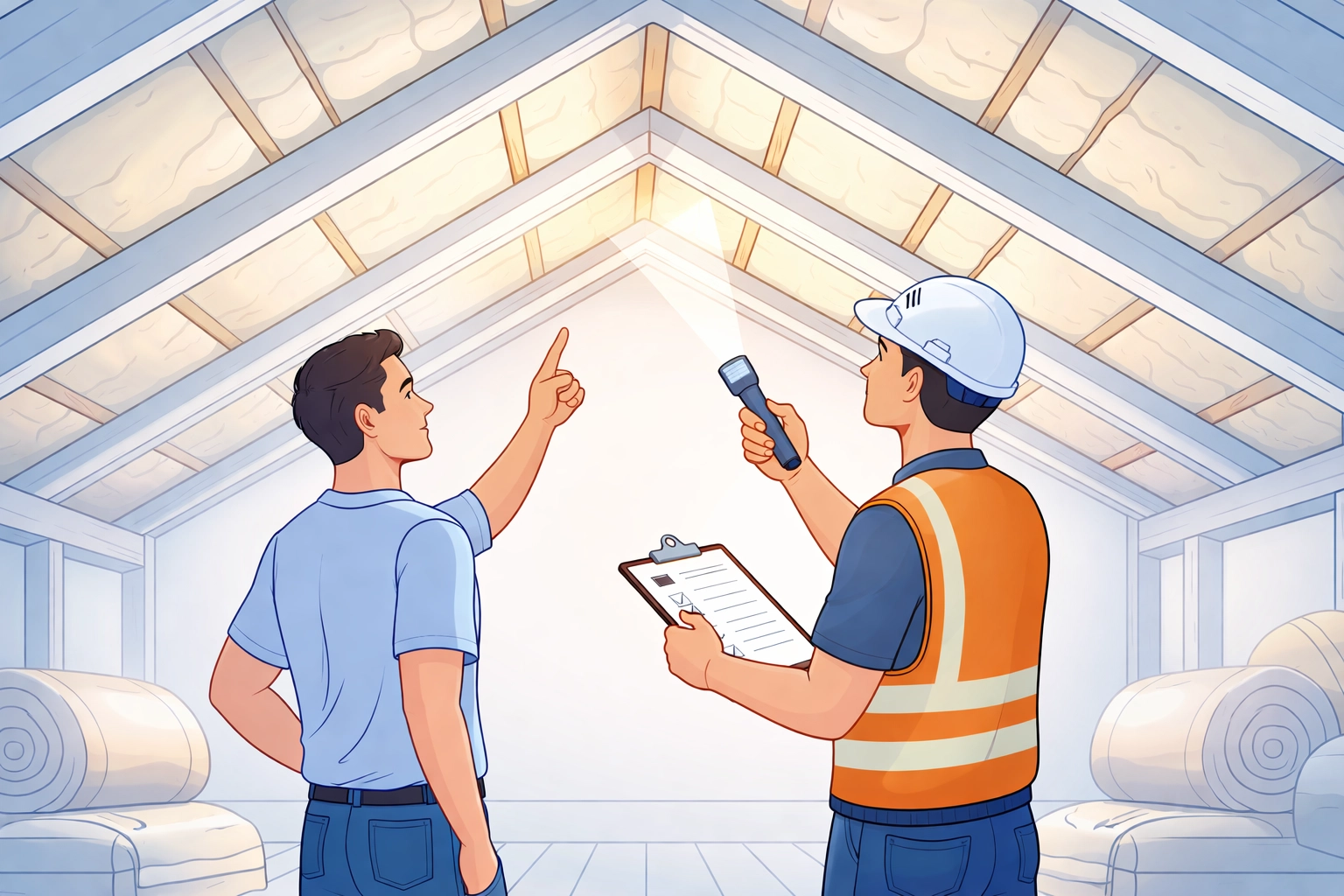 Homeowner and installer inspecting finished loft insulation after quality installation walkthrough