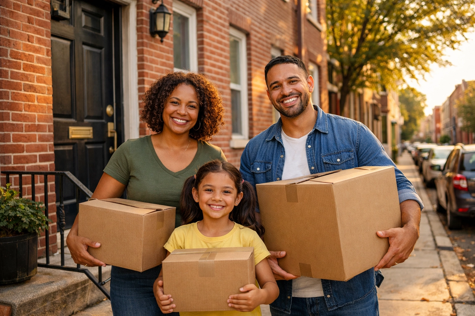 Family moving into affordable housing in Philadelphia with moving boxes and row house