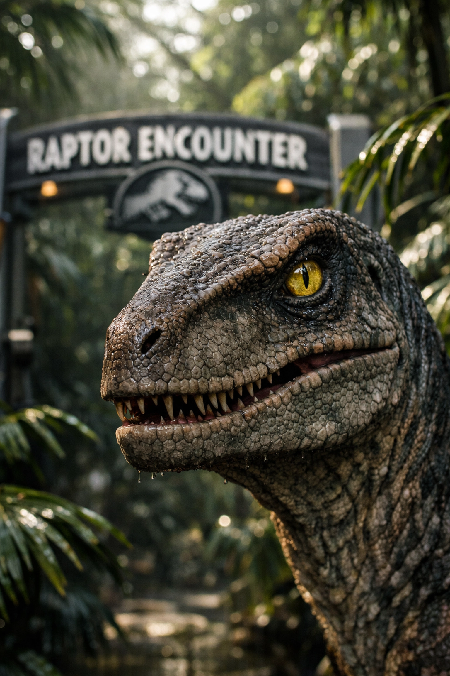 Close-up of a Velociraptor at Jurassic World, a dramatic photo spot in Universal Studios Hollywood.