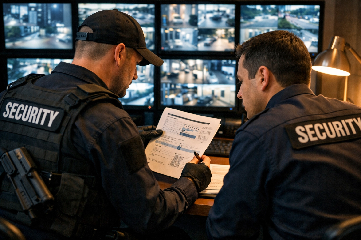 Security professionals monitoring surveillance systems in command center