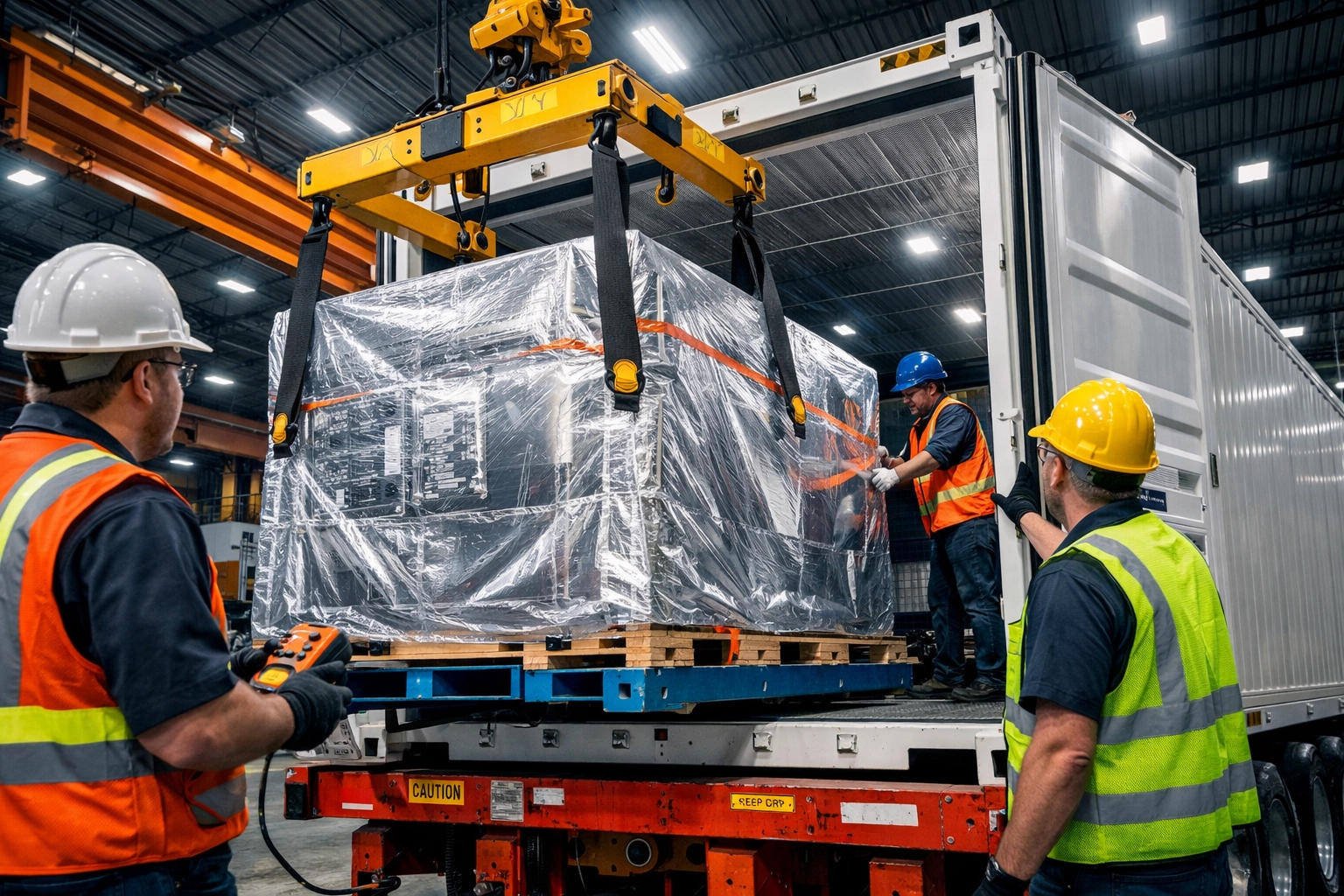 Professional workers loading specialized equipment into climate-controlled shipping container