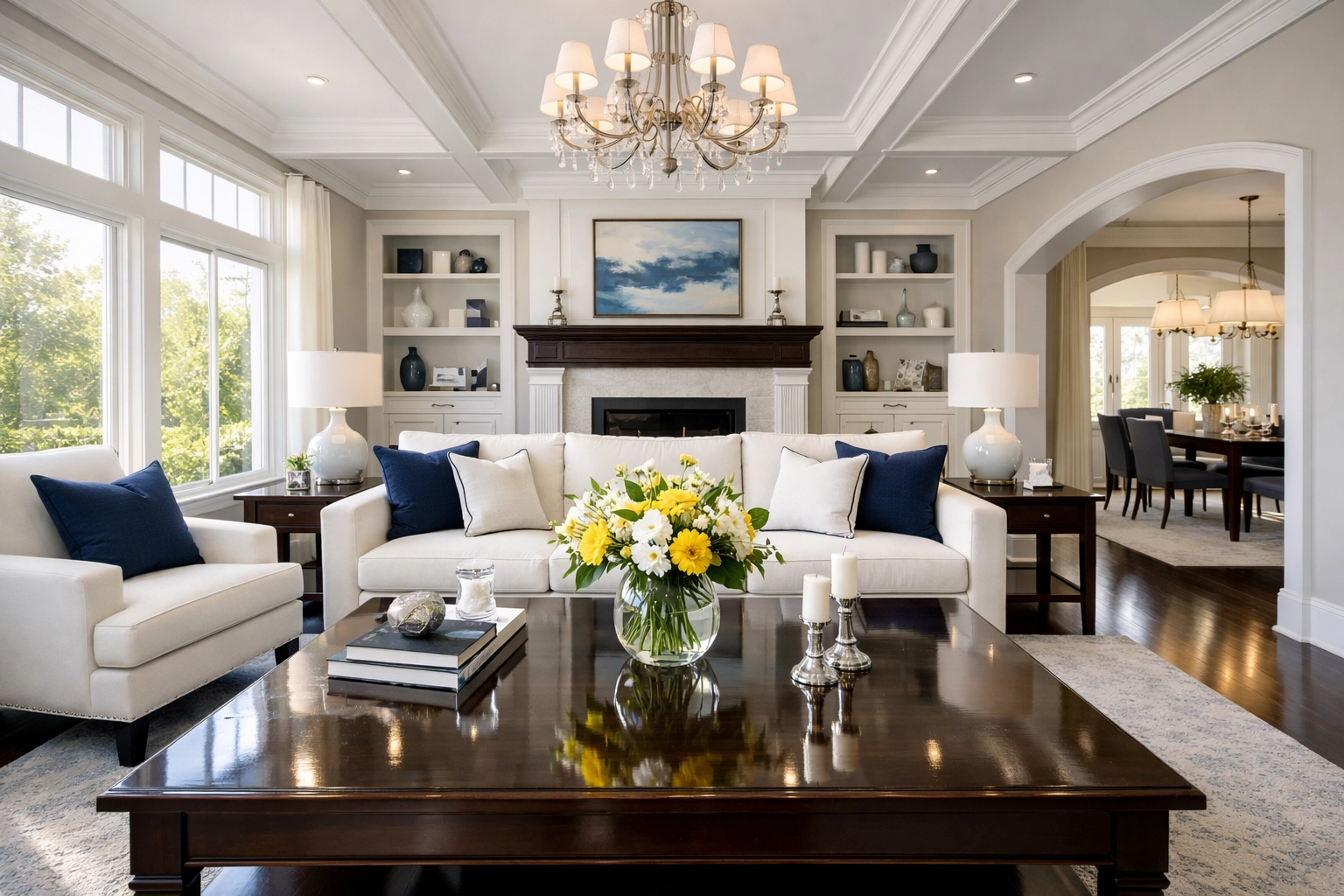 Spotless luxury living room showing the reliability of weekly house cleaning in Westford.