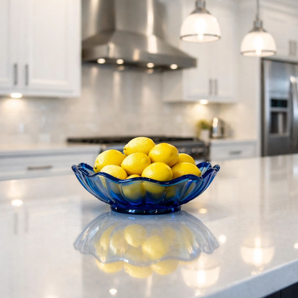Sparkling clean kitchen island and quartz countertops after a professional deep cleaning service in Westford and Littleton.