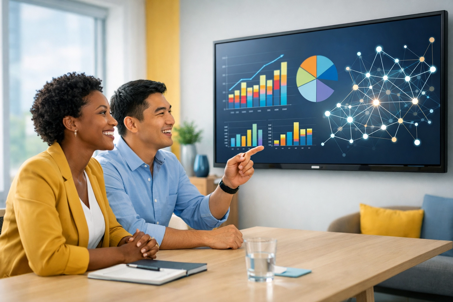 Fundraising professionals analyzing donor behavior data and digital outreach trends on a large office monitor.
