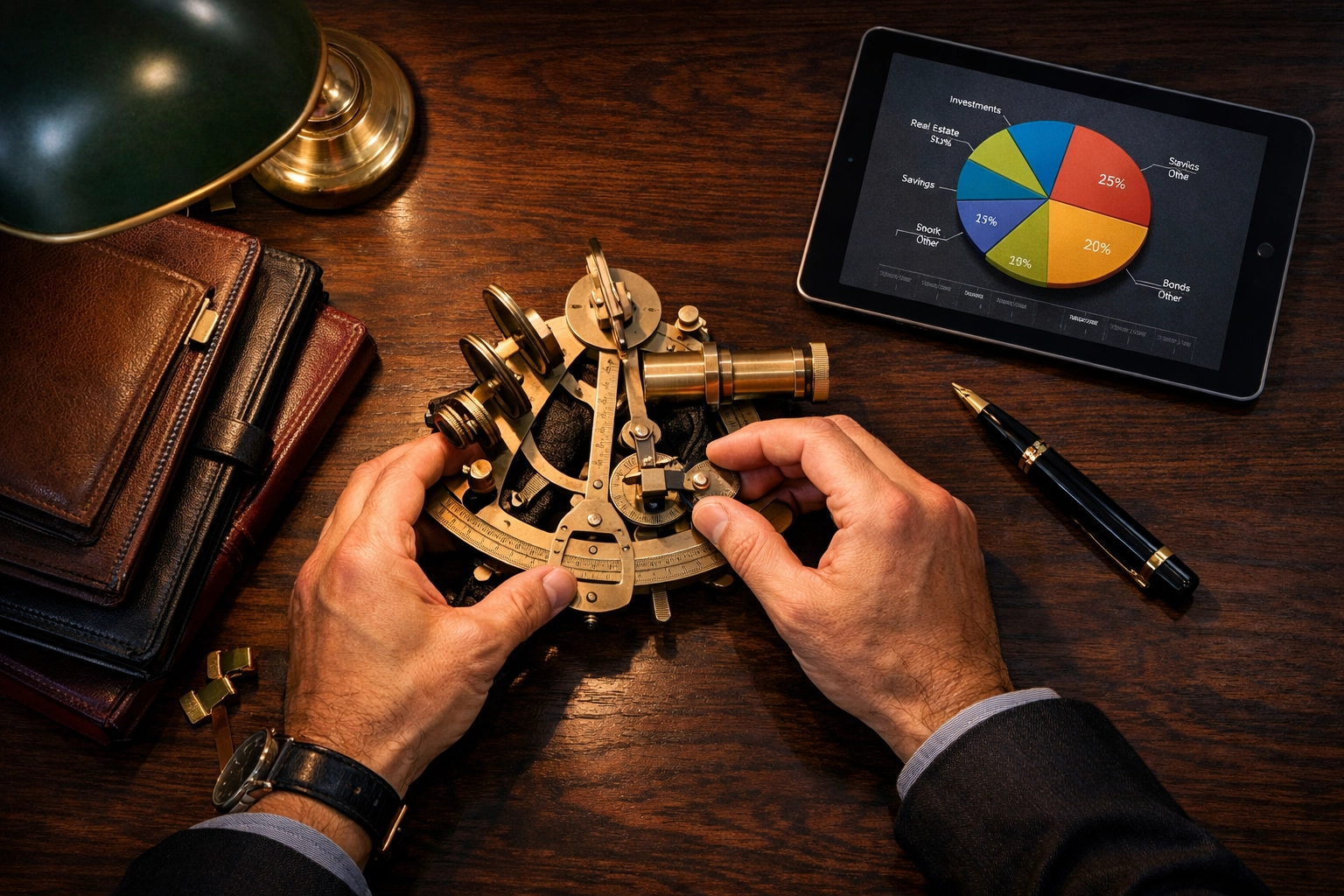Strategic financial planning for asset allocation using a compass, charts, and investment ledgers.