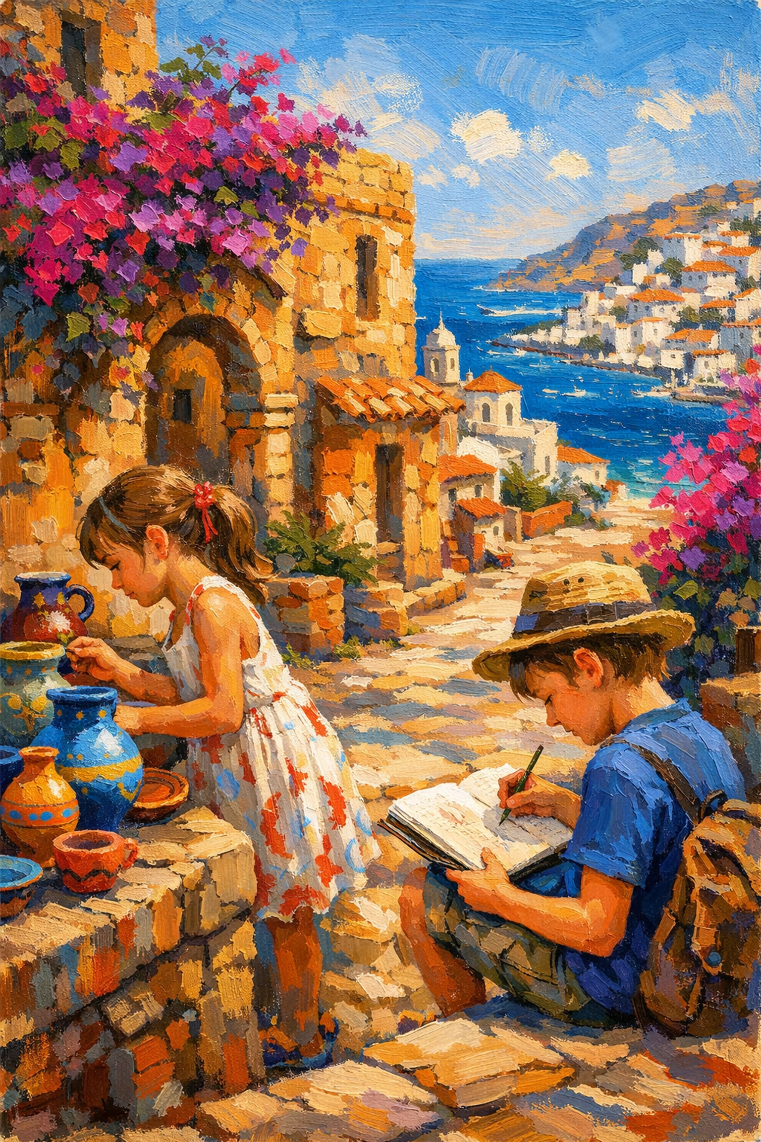 Children exploring Mediterranean village on homeschool group cruise