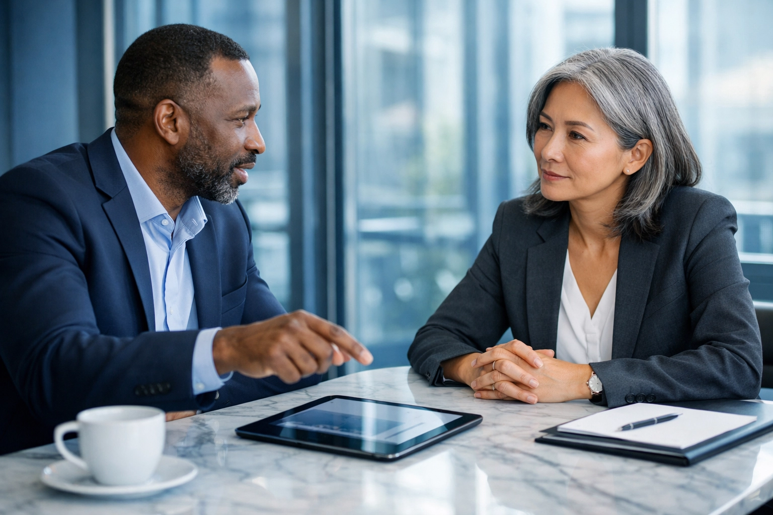 Executive coach listening to a business leader in a modern office during a professional leadership coaching session.