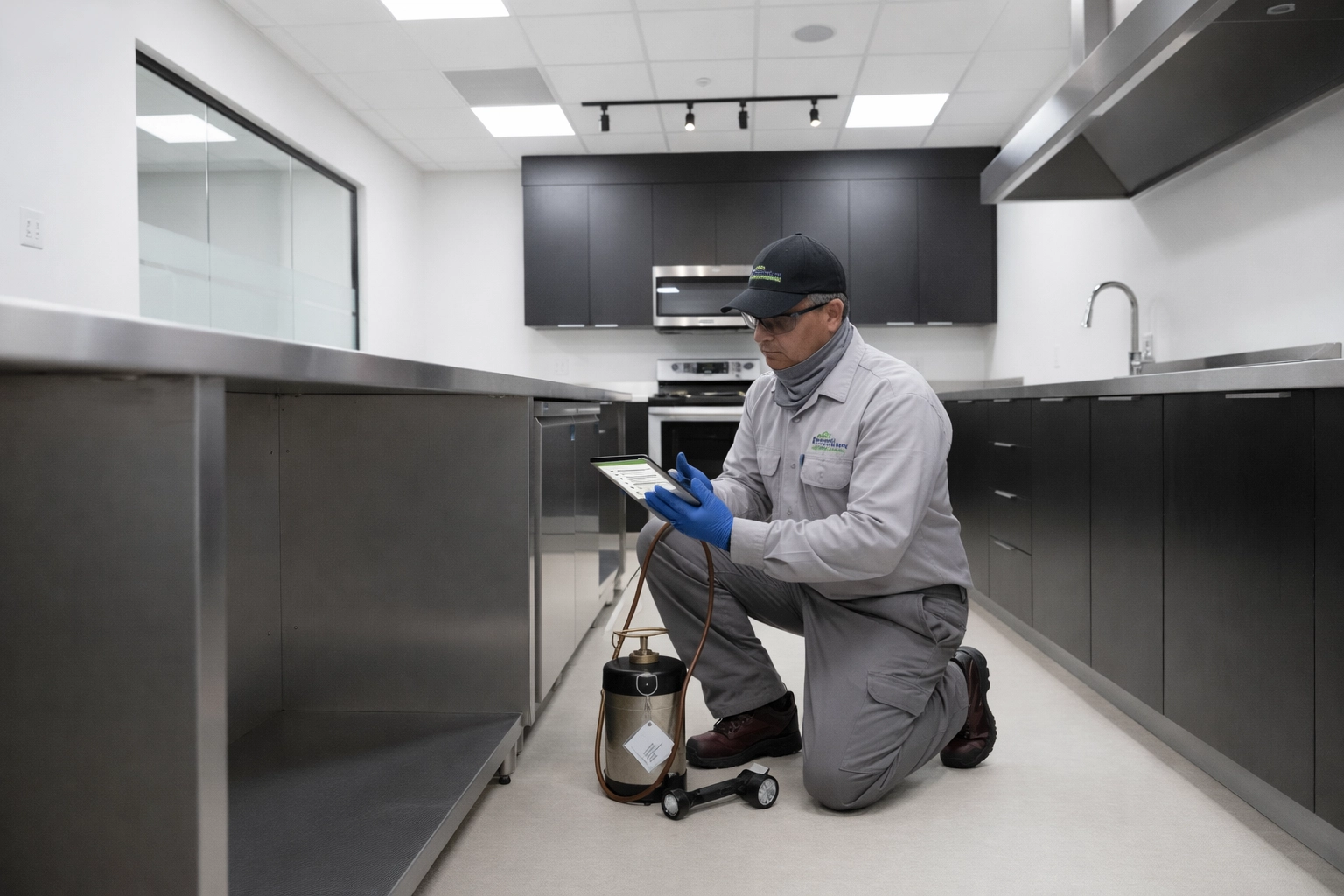 EnviroWise Pest Solutions technician inspecting a commercial kitchen