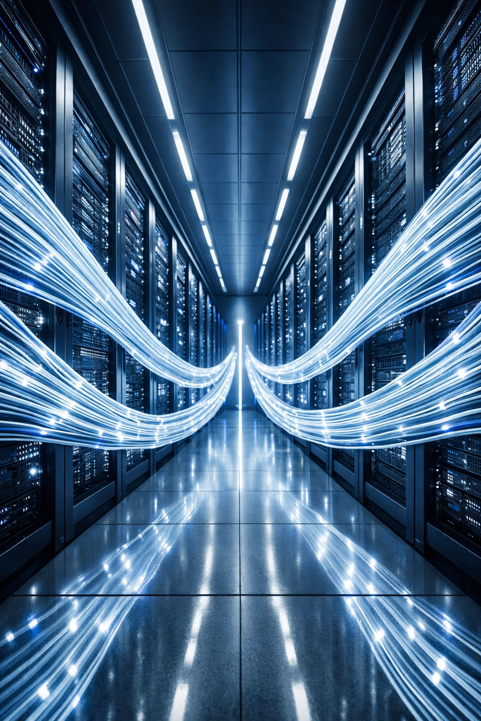 Modern data center with organized fiber optic cables showing integrated digital infrastructure