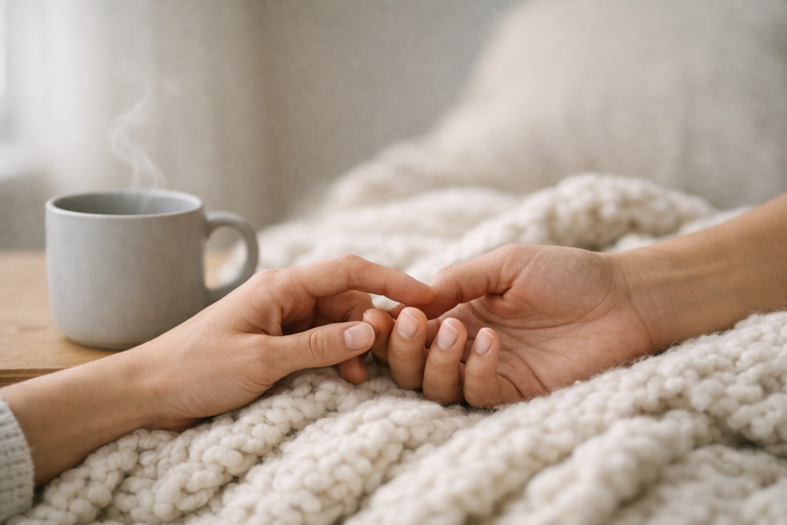 Close-up of a couple reconnecting through touch on a soft blanket to build deeper intimacy.