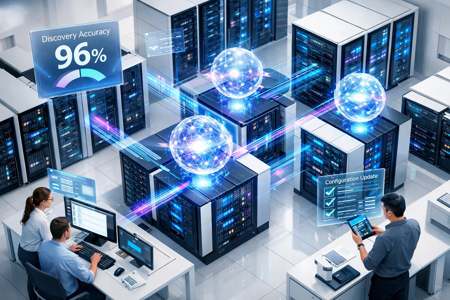 ServiceNow ITOM AI agents autonomously scanning and updating CMDB configuration items with 96% accuracy