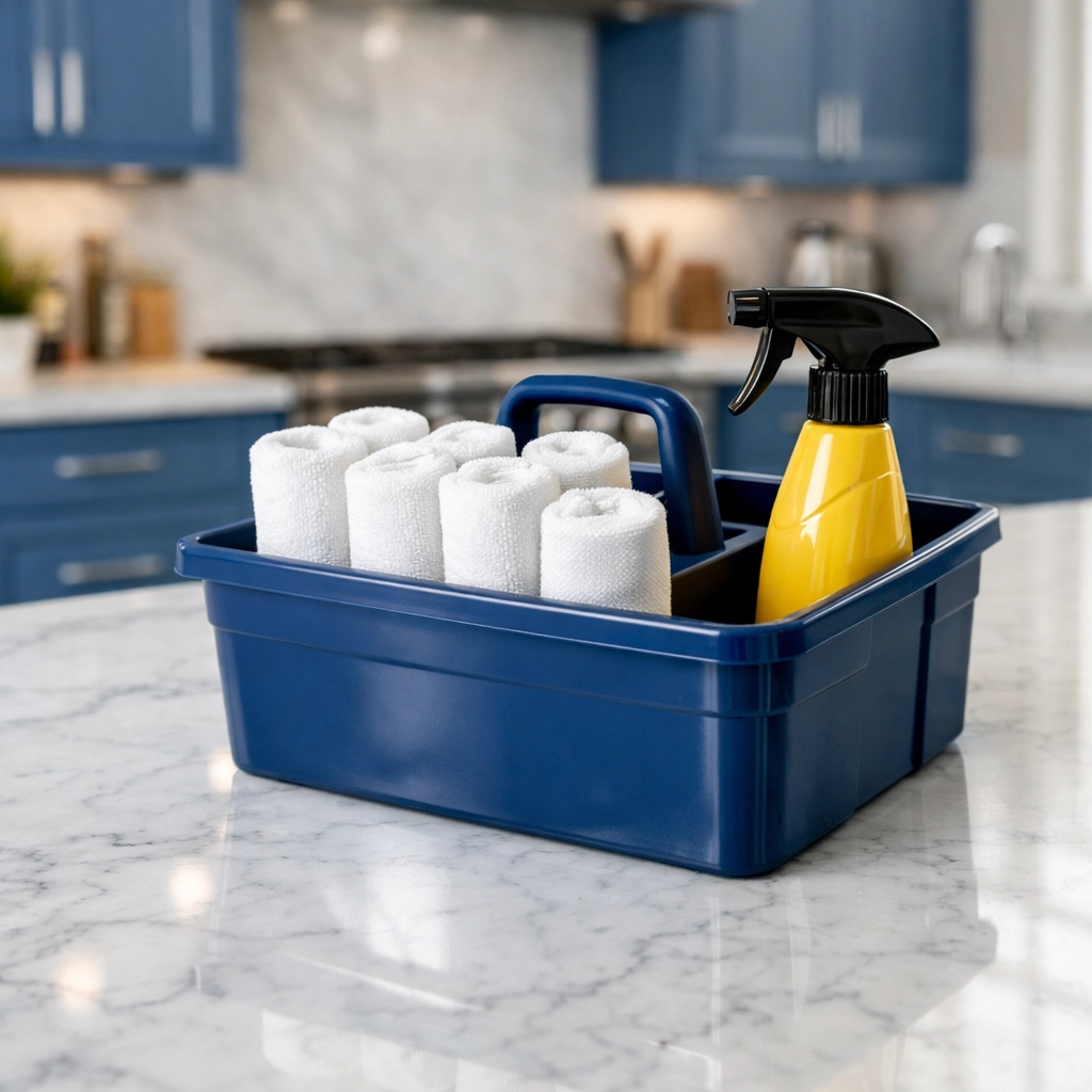 Streak-free marble kitchen island with professional tools used by expert house cleaning services MA.