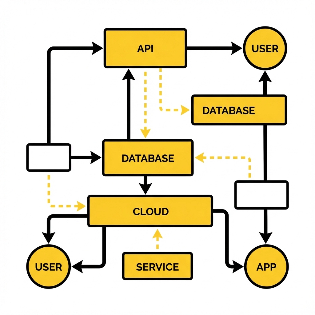 Flowchart showing API, USER, DATABASE, CLOUD, SERVICE, and APP. Yellow and black colors; arrows depict data movement.