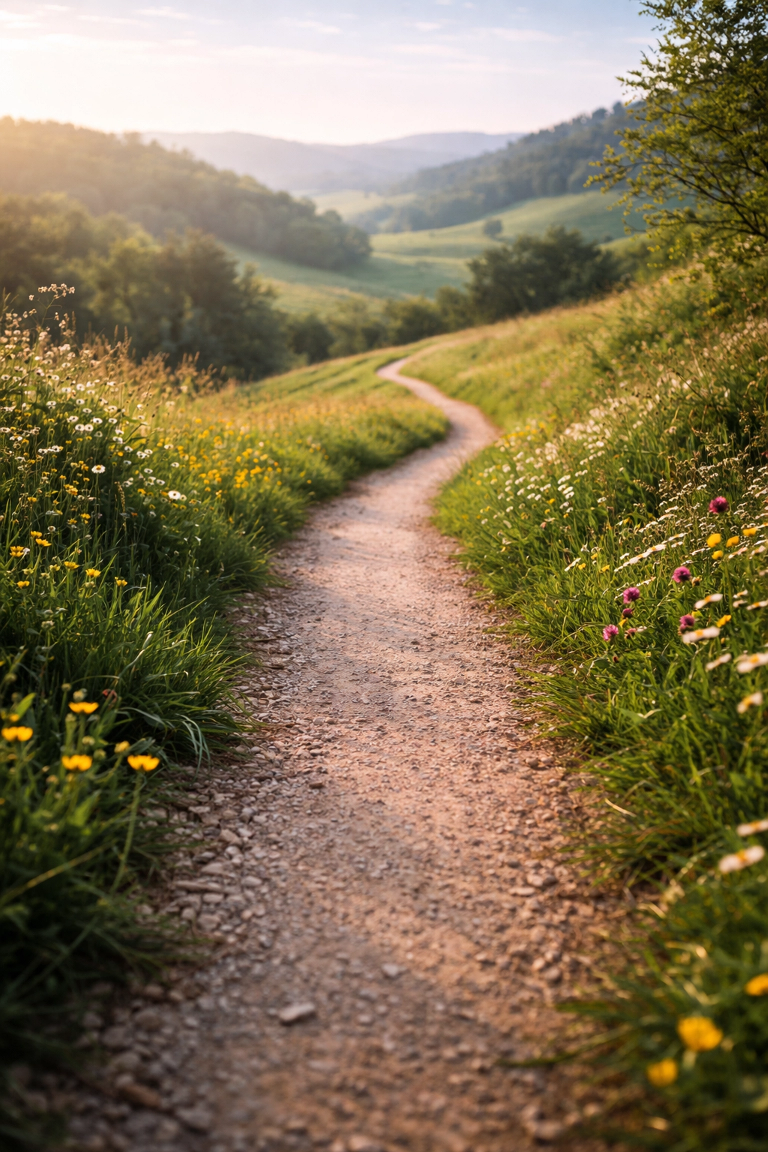 Winding countryside trail on a sunny morning, symbolizing the journey of holistic self-care.