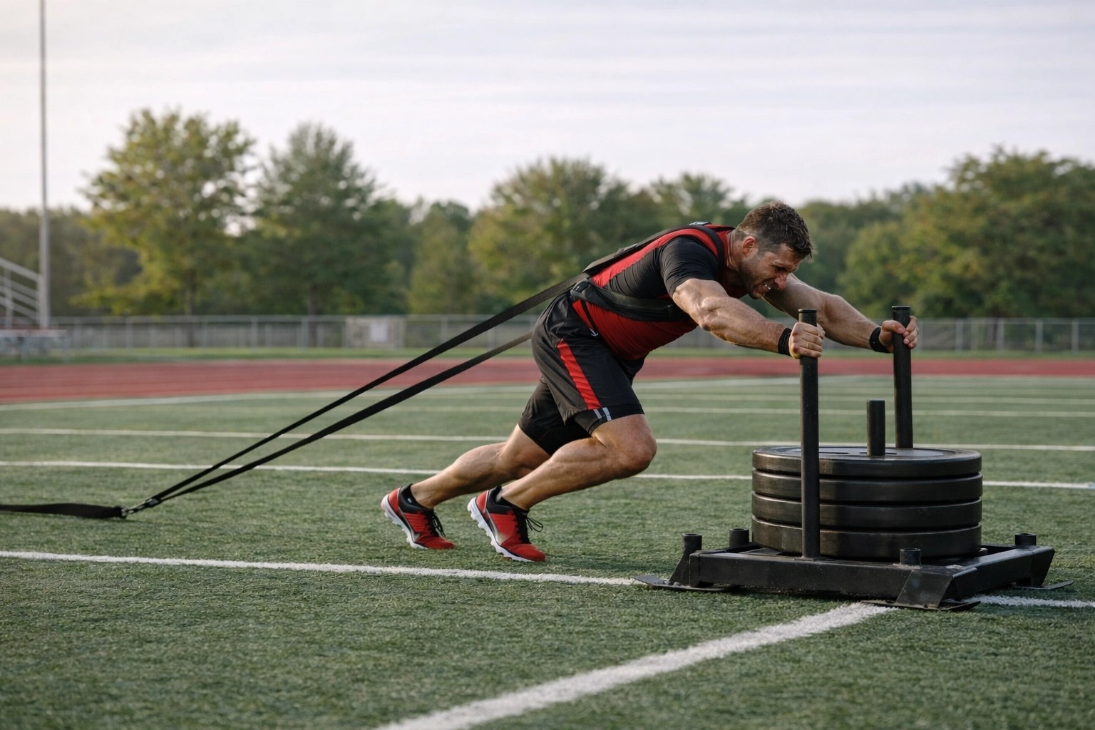 Athlete pulling a weighted speed sled with strong forward lean during a coaching session