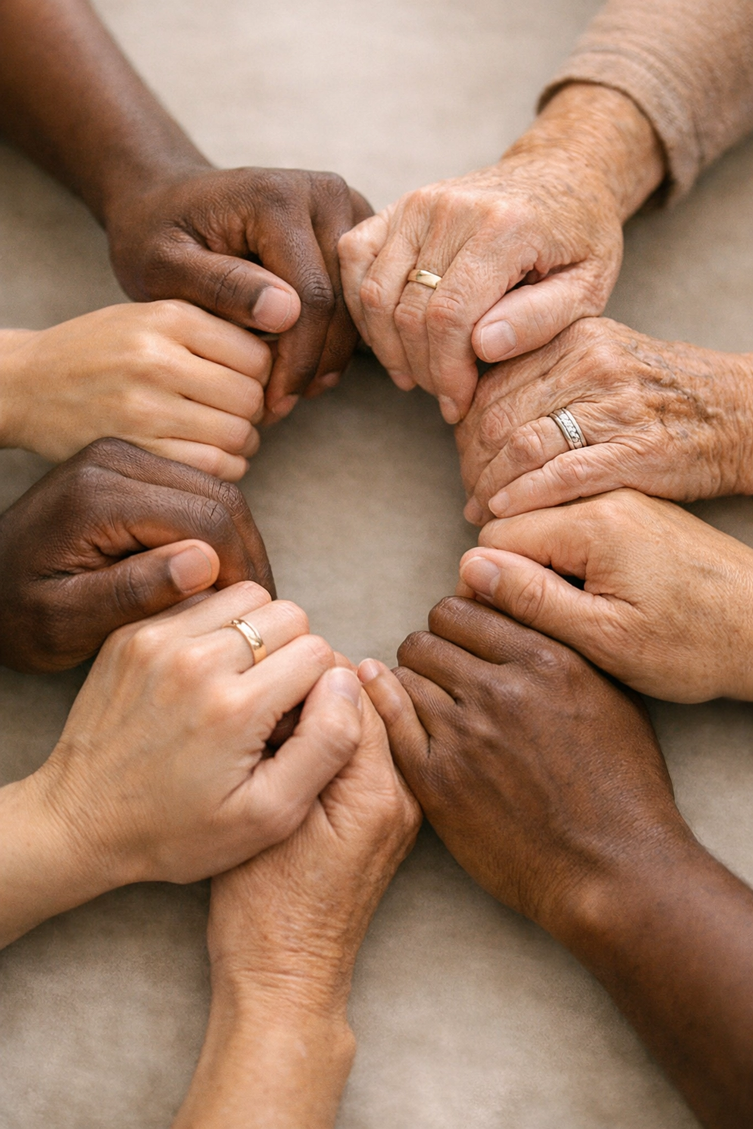 Diverse hands joined together in circle symbolizing unity, prayer, and collective action