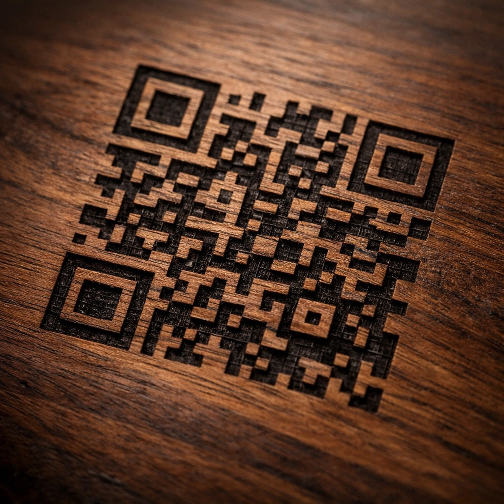 Close-up of a permanent laser-engraved QR code on a dark walnut wood surface for durable branding.