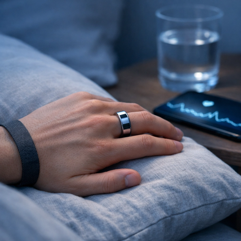 Smart ring and wearable strap tracking heart rate variability and sleep recovery data.