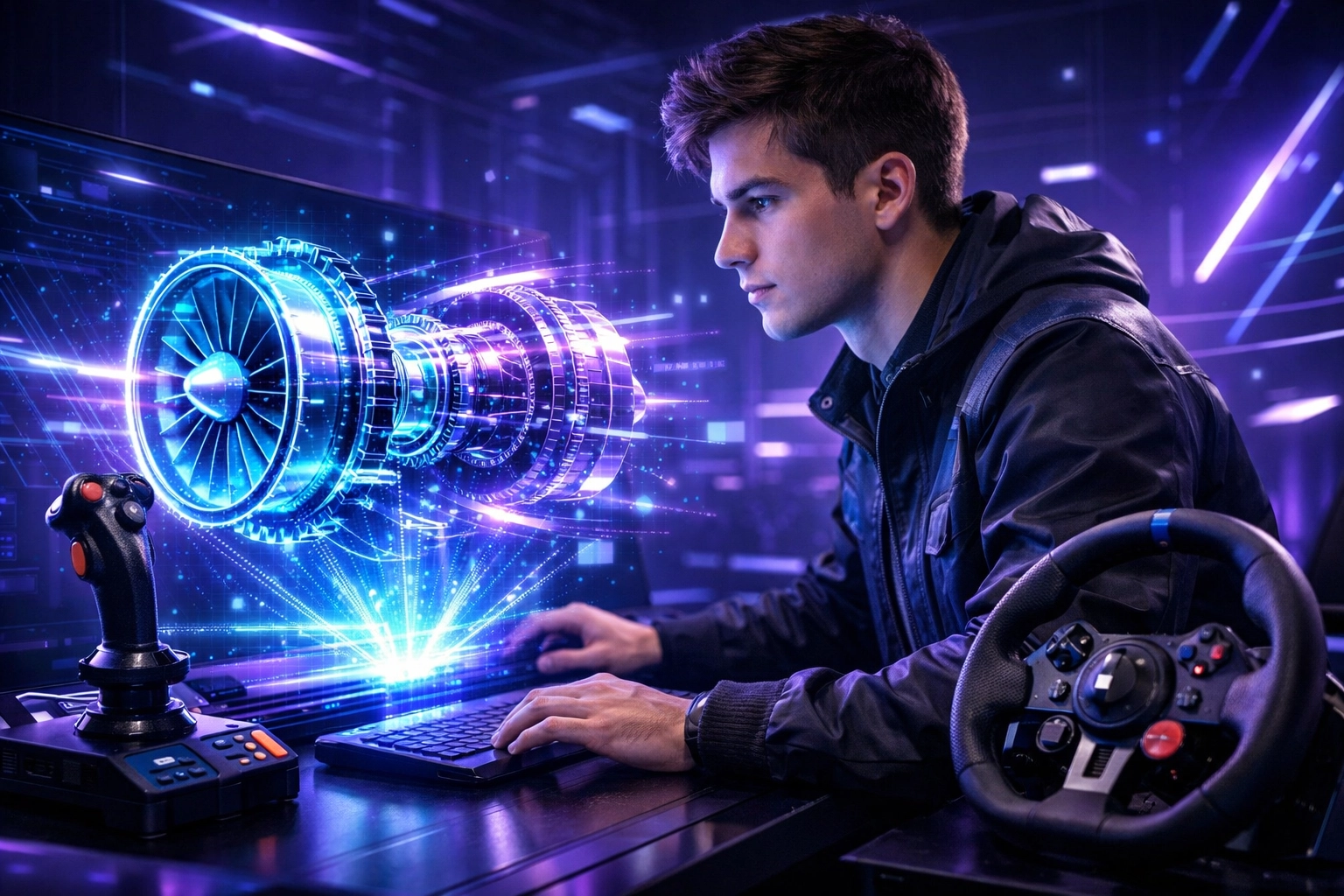 Advanced workstation showing the transition from simulation training to high-tech engineering careers.