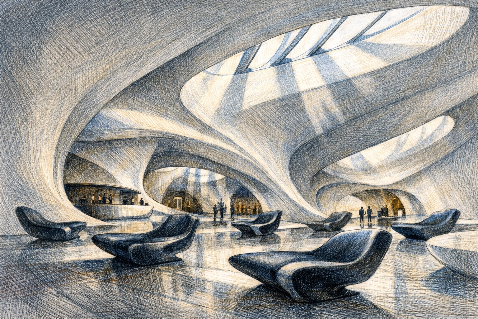 Futuristic luxury hospitality design featuring fluid white walls and organic hotel lobby architecture.