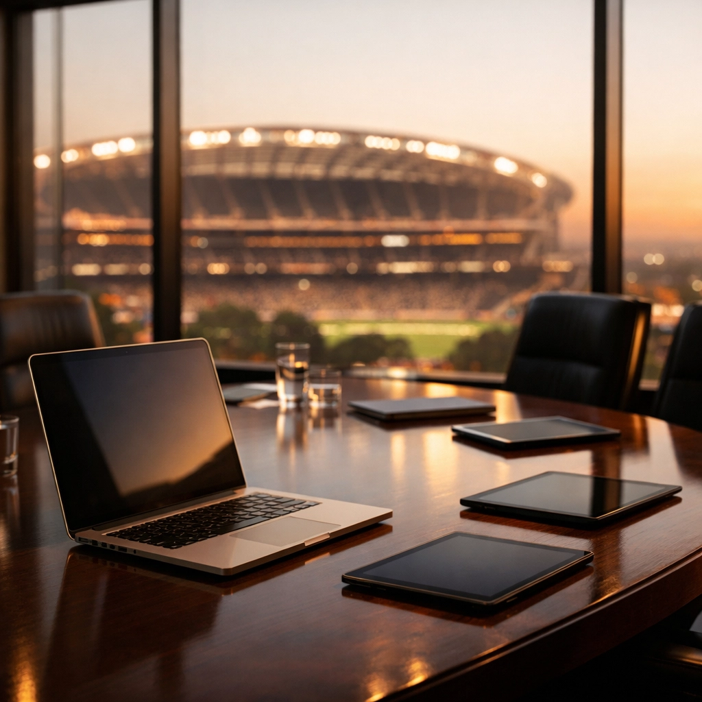 Executive boardroom with a view of a football stadium representing Super Bowl brand strategy planning.