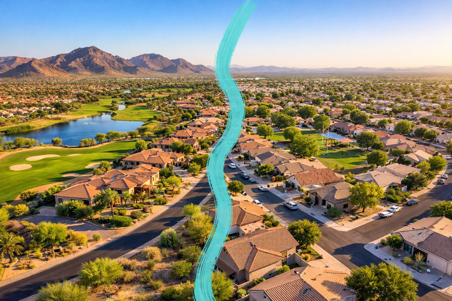 Aerial comparison of premium North Peoria 85383 neighborhoods versus affordable 85381 ZIP code