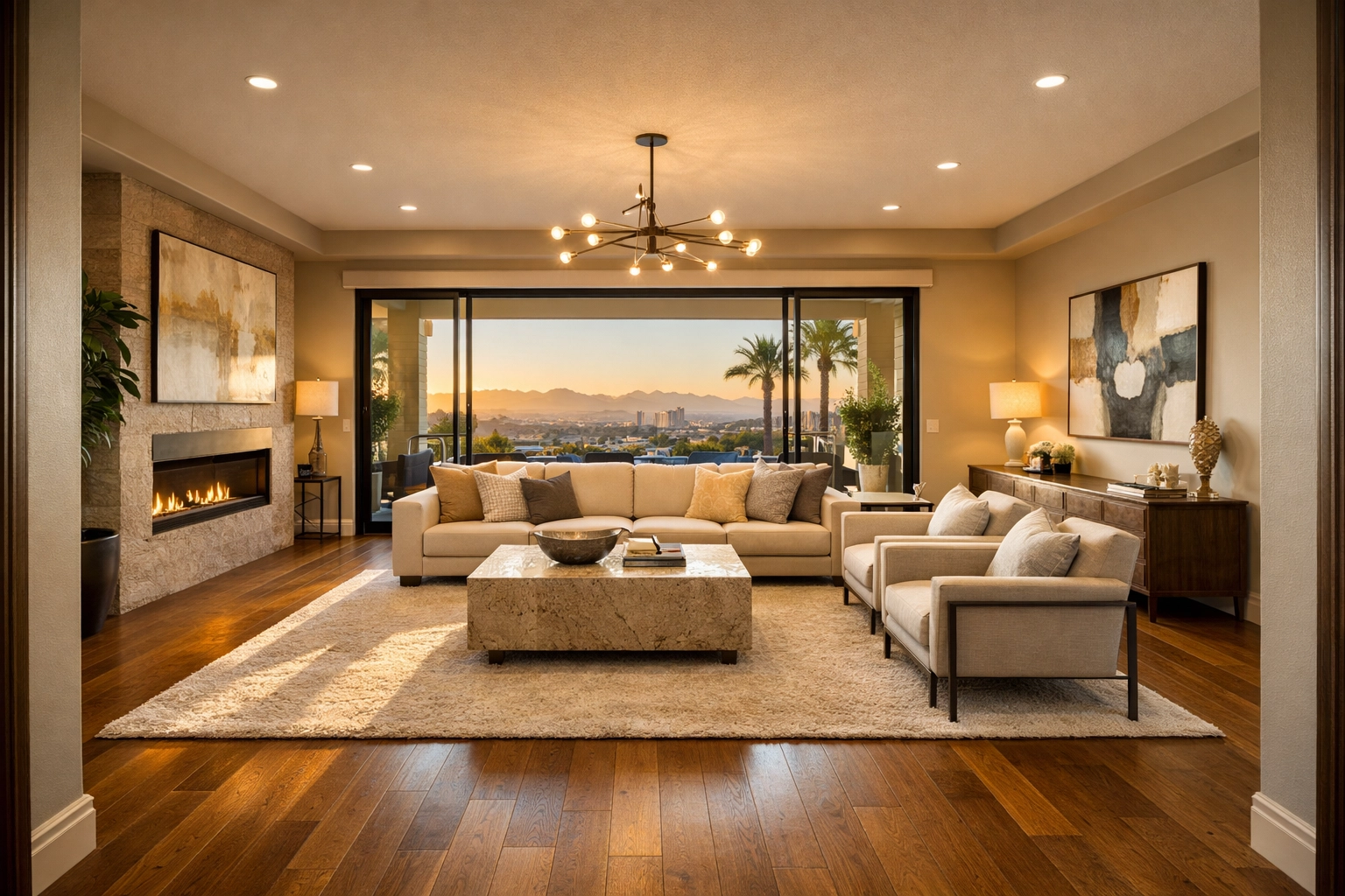 Professionally staged luxury living room in Las Vegas home with modern furniture and natural light