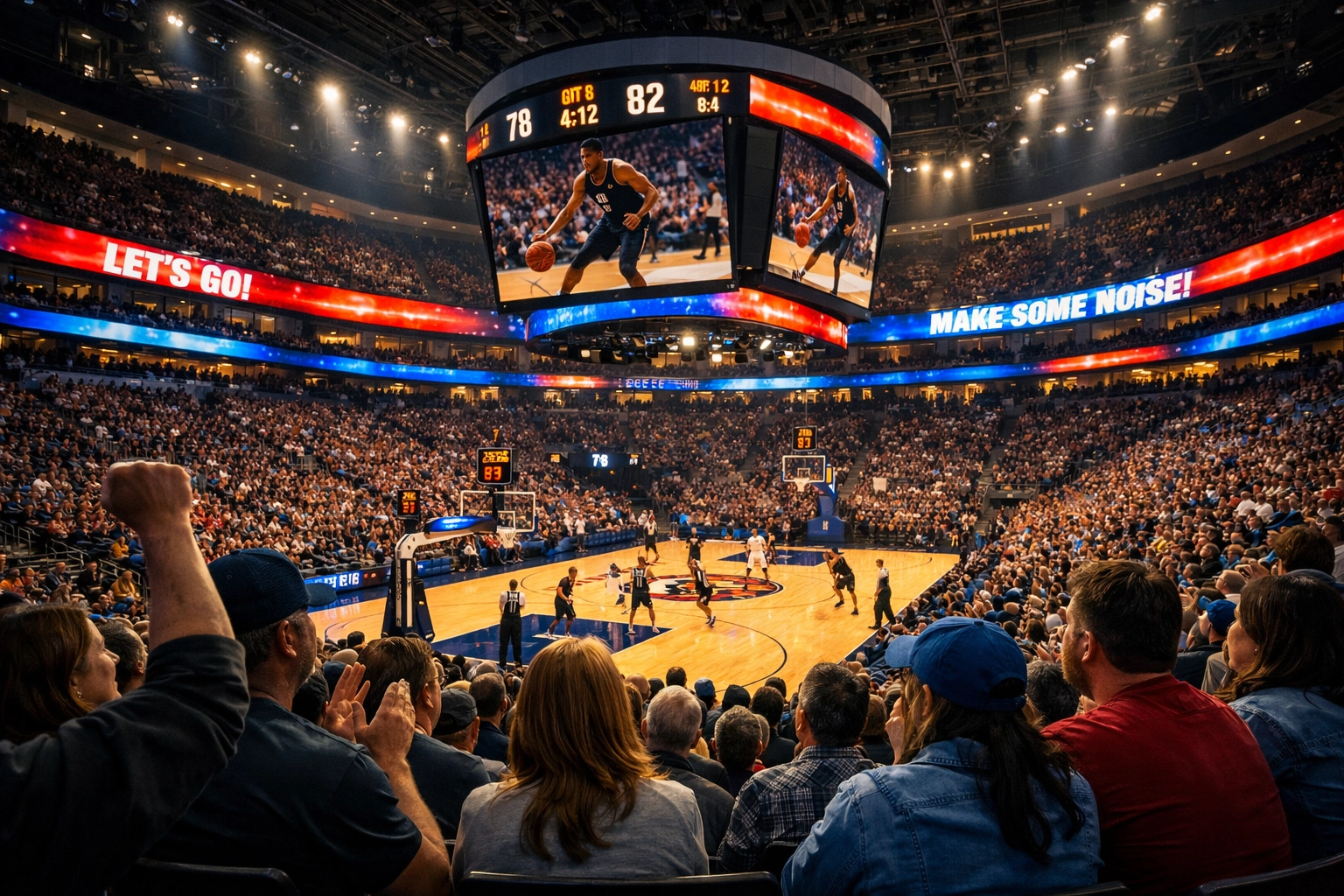 Digital signage and ribbon boards in a basketball arena engaging a live sports audience.
