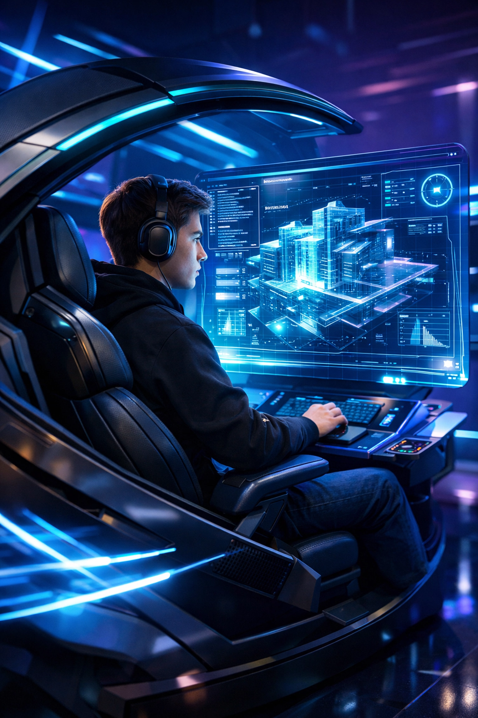 Student using a high-tech EsportsPod simulation lab for immersive technical career training and development.